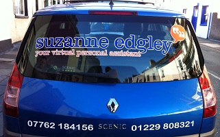 Suzanne Edgley vinyl signwriting to rear windscreen